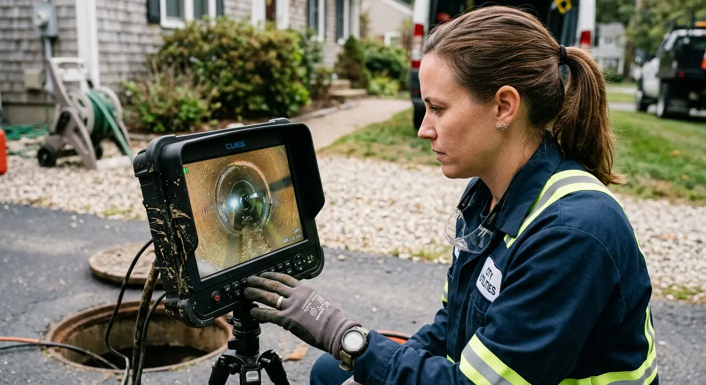 Technician reviewing sewer camera inspection footage in Westmont