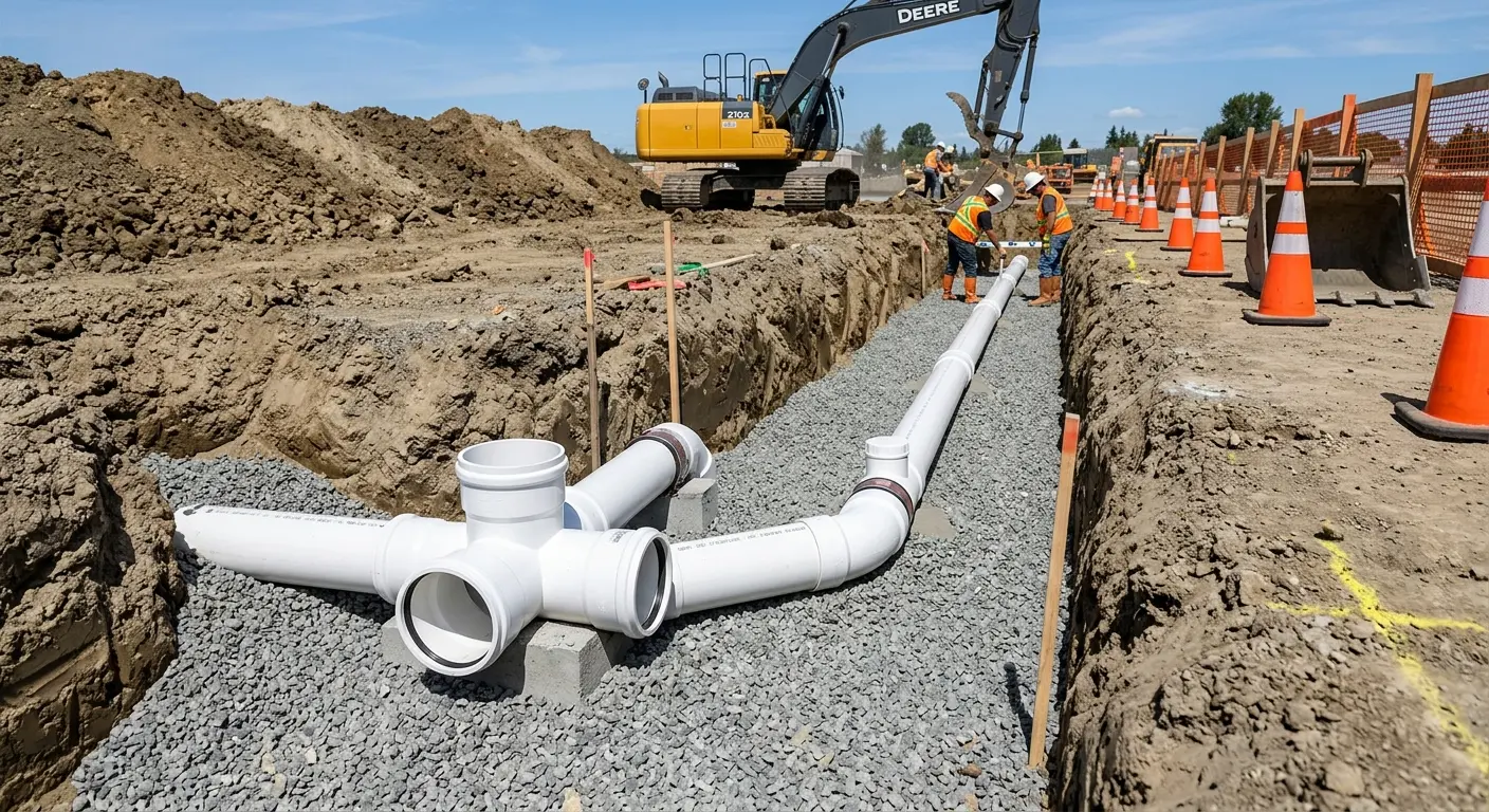 New PVC sewer pipe installation in open trench for Commercial Drain Cleaning in Westmont